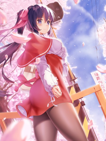 Anime picture 2100x2800 with original jiangjin nanyun zhi (kumita) single long hair tall image looking at viewer blush fringe highres breasts light erotic hair between eyes standing purple eyes payot sky purple hair cloud (clouds) long sleeves light smile