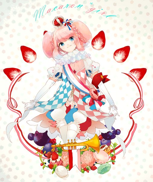 Anime picture 1000x1184 with original welchino single tall image looking at viewer blush short hair blue eyes smile pink hair inscription puffy sleeves lacing girl gloves flower (flowers) bow ribbon (ribbons) hair bow food