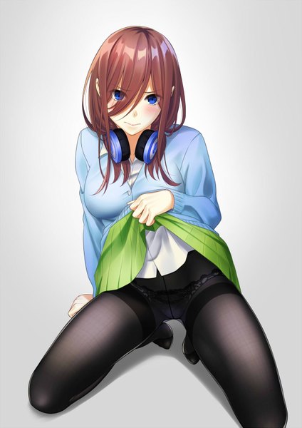 Anime picture 1157x1637 with go-toubun no hanayome nakano miku zaregoto tsukai no deshi single long hair tall image looking at viewer blush fringe blue eyes light erotic simple background brown hair white background full body bent knee (knees) pleated skirt hair over one eye no shoes kneeling