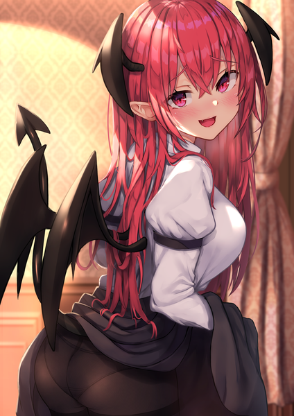 Anime picture 1447x2047 with touhou koakuma wowoguni single long hair tall image looking at viewer blush fringe breasts open mouth light erotic smile hair between eyes red eyes standing ass red hair indoors tail