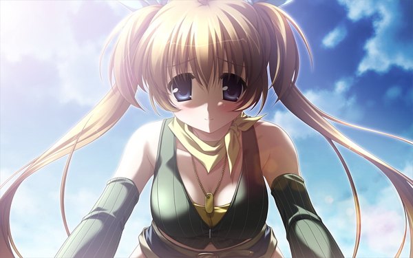 Anime picture 1440x900 with single looking at viewer blush blue eyes light erotic blonde hair smile wide image twintails bare shoulders game cg sky cloud (clouds) girl locket