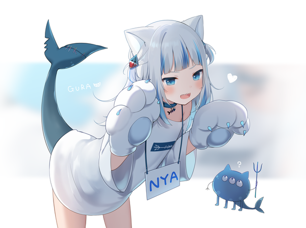 Anime picture 2000x1489 with virtual youtuber hololive hololive english gawr gura nachi single long hair looking at viewer blush fringe highres open mouth blue eyes simple background smile standing animal ears silver hair tail :d