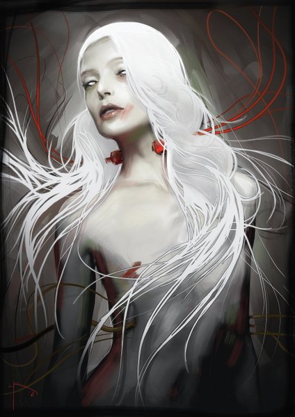Аниме картинка 2121x3000 с оригинальное изображение yayashin один (одна) длинные волосы высокое изображение смотрит на зрителя высокое разрешение лёгкая эротика белые волосы белые глаза девушка кровь