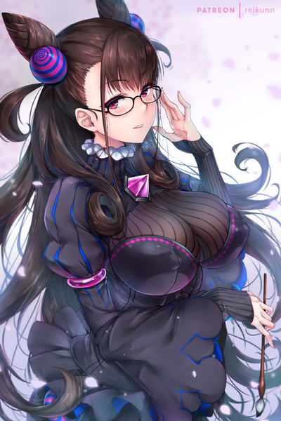 Anime picture 800x1200 with fate (series) fate/grand order murasaki shikibu (fate) rei kun single long hair tall image looking at viewer blush fringe breasts light erotic simple background hair between eyes brown hair large breasts standing purple eyes holding signed