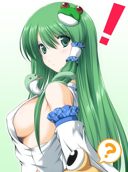 Anime picture 822x1099 with touhou kochiya sanae nori tamago single long hair tall image looking at viewer breasts light erotic bare shoulders green eyes green hair girl hair ornament detached sleeves hair tubes