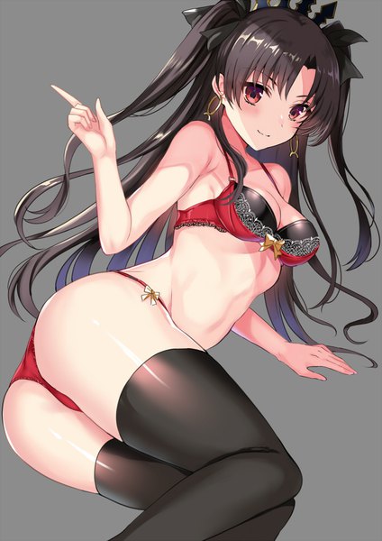 Anime picture 700x990 with fate (series) fate/grand order ishtar (fate) harimoji single long hair tall image blush fringe breasts light erotic black hair simple background smile red eyes bare shoulders cleavage ass lying grey background