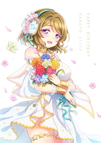 Anime picture 1000x1415 with love live! school idol project sunrise (studio) love live! koizumi hanayo emia wang single tall image short hair open mouth simple background brown hair white background purple eyes bare shoulders :d character names dated happy birthday girl hair ornament