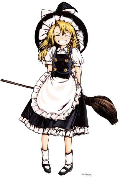 Anime picture 3149x4642 with touhou kirisame marisa mushroom (osh320) single long hair tall image fringe highres simple background blonde hair smile standing white background signed absurdres full body braid (braids) eyes closed short sleeves puffy sleeves