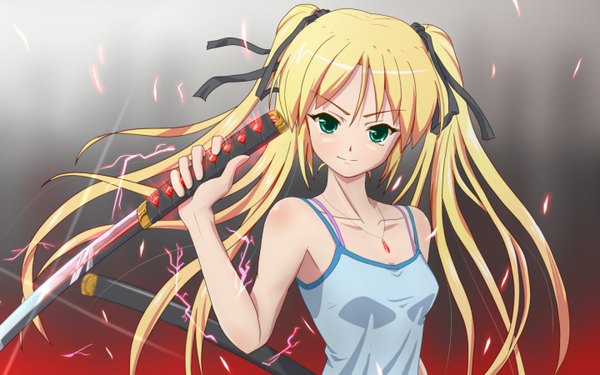 Anime picture 1440x900 with original shino (pixia) single long hair blonde hair wide image twintails green eyes girl ribbon (ribbons) weapon hair ribbon sword katana pendant