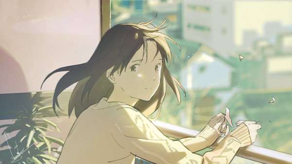 Anime picture 1920x1080 with original loundraw single long hair looking at viewer highres smile brown hair wide image brown eyes upper body long sleeves wind blurry turning head girl building (buildings) house