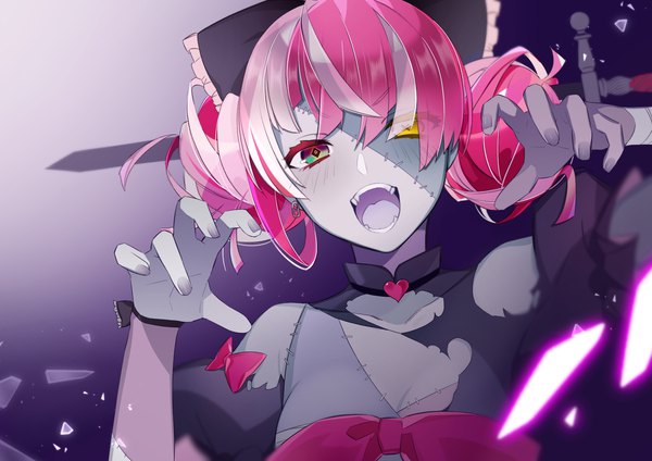 Anime picture 1754x1240 with virtual youtuber hololive hololive indonesia kureiji ollie uehara (dormmmmir ) single looking at viewer fringe highres short hair open mouth yellow eyes pink hair upper body :d hair over one eye hair bun (hair buns) heterochromia grey skin zombie