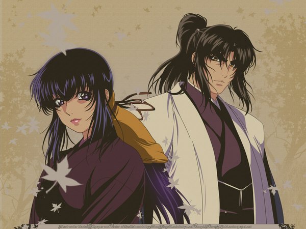 Anime picture 2048x1536 with basilisk iga oboro kouga gennosuke long hair highres black hair purple eyes brown eyes signed purple hair ponytail traditional clothes japanese clothes light smile couple girl boy hairband