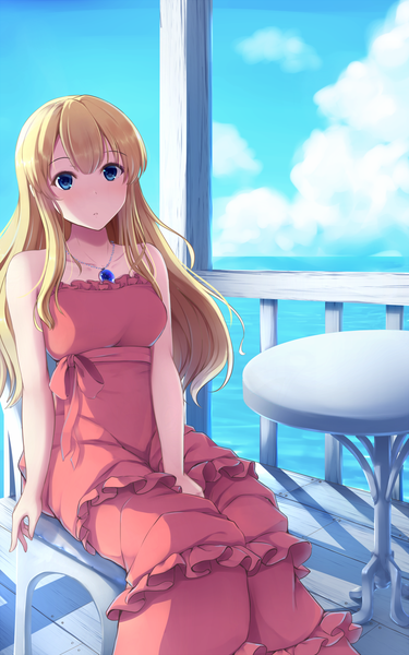 Anime picture 1250x2000 with original nicoby single long hair tall image looking at viewer blue eyes blonde hair sitting sky cloud (clouds) girl dress