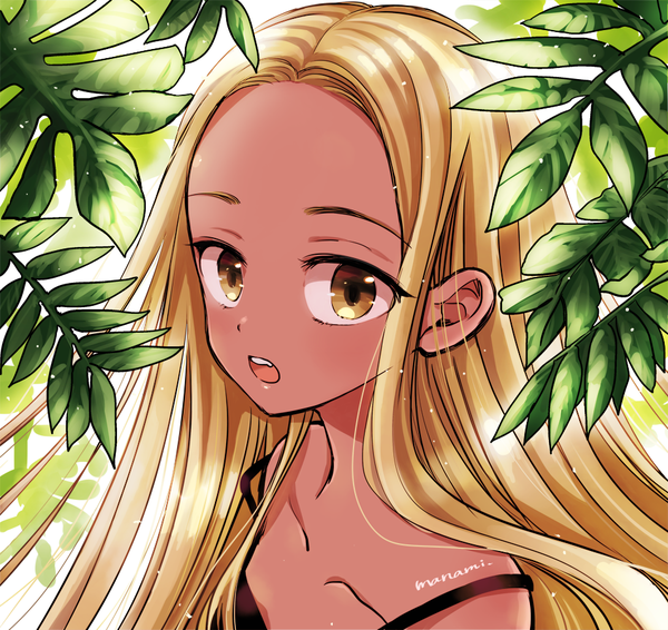 Anime picture 954x900 with original sugano manami single long hair open mouth blonde hair signed yellow eyes upper body dark skin girl plant (plants) leaf (leaves)