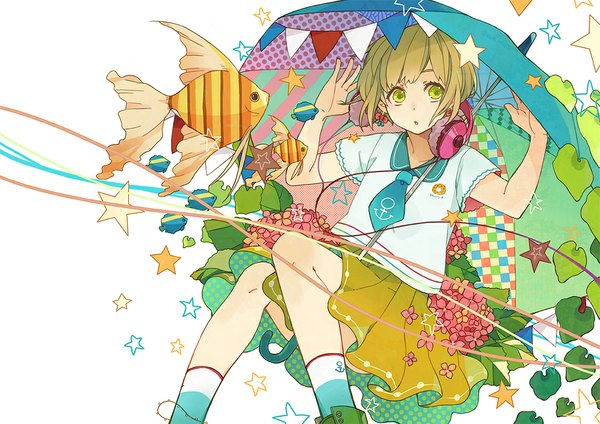 Anime picture 1000x707 with original anzu (astro75) single short hair white background green eyes looking away green hair girl skirt flower (flowers) earrings socks headphones star (symbol) umbrella fish (fishes) wire (wires) hydrangea string of flags