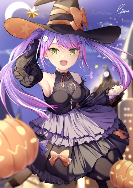 Anime picture 1447x2047 with virtual youtuber hololive tokoyami towa piccolo (gvgk8874) single long hair tall image looking at viewer open mouth twintails green eyes purple hair nail polish :d halloween black nail polish crescent star print girl dress