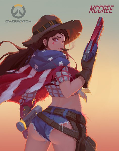 イラスト 1263x1600 と オーバーウォッチ blizzard entertainment mccree (overwatch) 起司菌 ソロ 長髪 長身像 light erotic 赤い目 茶色の髪 尻 looking back from behind へそ出し copyright name character names gradient background smoking twisty sleeves 性転換