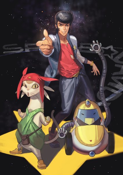 Anime picture 900x1273 with space dandy studio bones dandy (space dandy) meow (space dandy) qt (space dandy) naked cat tall image looking at viewer short hair black hair smile black eyes outstretched arm pointing pompadour boy animal jacket bracelet pendant