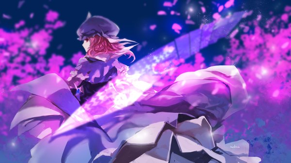 Anime picture 1890x1063 with touhou saigyouji yuyuko swd3e2 single long hair highres wide image signed pink hair traditional clothes japanese clothes pink eyes looking back girl petals kimono bonnet fan
