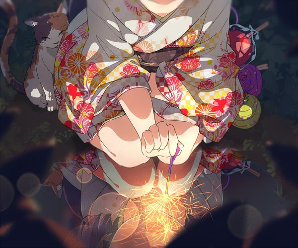 Anime picture 1562x1300 with original ogipote single traditional clothes japanese clothes kneeling lens flare reflection head out of frame fireworks girl animal food obi cat yukata candy apple water yoyo