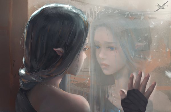 Anime picture 1600x1049 with ghost blade yan (ghost blade) wlop single long hair blue eyes bare shoulders looking away upper body lips pointy ears grey hair realistic mole copyright name mole under eye reflection sad girl gloves