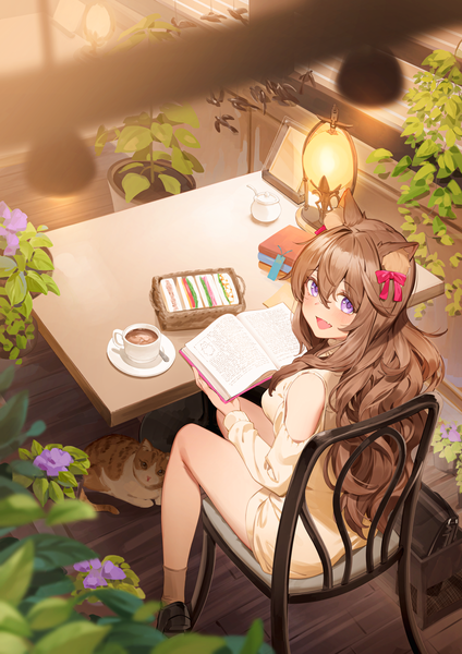 Anime picture 2894x4093 with original nyum single long hair tall image looking at viewer blush fringe highres open mouth smile hair between eyes brown hair sitting purple eyes holding animal ears full body bent knee (knees) indoors