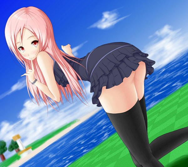Anime picture 1166x1032 with original noppi (noppi 98) single long hair light erotic bare shoulders pink hair sky cloud (clouds) pink eyes looking back zettai ryouiki finger to mouth girl thighhighs dress black thighhighs water