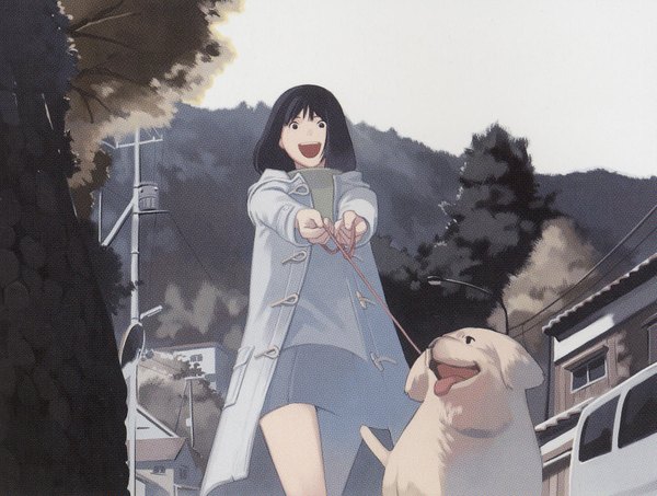 Anime picture 1611x1218 with takamichi single short hair open mouth black hair black eyes girl plant (plants) animal tree (trees) coat ground vehicle dog car house