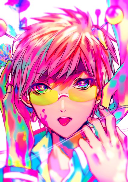 Anime picture 1191x1684 with saiki kusuo no psi nan saiki kusuo hoshino single tall image looking at viewer short hair pink hair face multicolored eyes multicolored boy glasses tongue hands