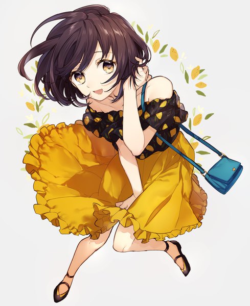 Anime picture 1660x2039 with original sogawa single tall image looking at viewer fringe short hair open mouth simple background brown hair bare shoulders yellow eyes full body :d grey background adjusting hair skirt tug girl skirt frills