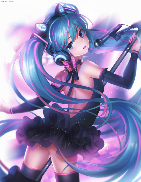 Anime picture 2354x3026 with vocaloid axent wear headphones hatsune miku blue blood moon single tall image looking at viewer blush fringe highres breasts open mouth light erotic simple background hair between eyes standing white background twintails holding signed