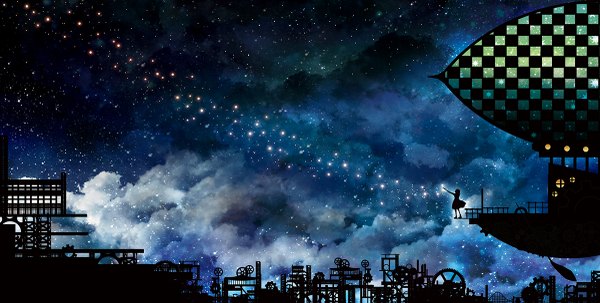 Anime picture 1200x607 with original vocaloid harada miyuki single wide image standing sky cloud (clouds) wind night night sky outstretched arm glow silhouette girl dress sundress
