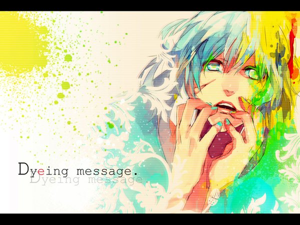 Anime picture 1024x768 with vocaloid hatsune mikuo nitro kyosuke short hair nail polish multicolored hair inscription face multicolored eyes aqua nail polish boy