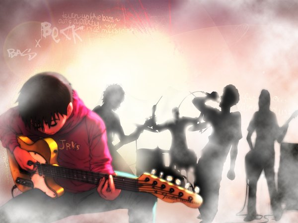 Anime picture 1600x1200 with beck madhouse tanaka yukio short hair black hair eyes closed group music mongolian chop squad boy sweater microphone guitar scene bass guitar