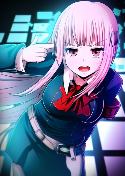 Anime picture 1362x1920 with persona 3 persona virtual youtuber hololive hololive english mori calliope female protagonist (p3) izuthree single long hair tall image looking at viewer fringe breasts open mouth large breasts standing payot pink hair blunt bangs