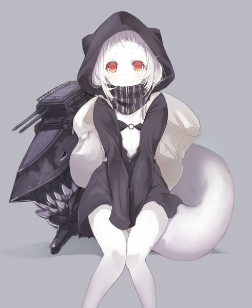 Anime picture 1024x1250 with kantai collection northern ocean hime sumisu (mondo) single long hair tall image looking at viewer blush fringe breasts open mouth red eyes sitting white hair tail long sleeves animal tail pointy ears grey background bare legs