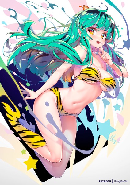 Anime picture 707x1000 with urusei yatsura lum hong (white spider) single long hair tall image looking at viewer breasts open mouth light erotic large breasts yellow eyes :d green hair finger to mouth animal print tiger print girl navel swimsuit