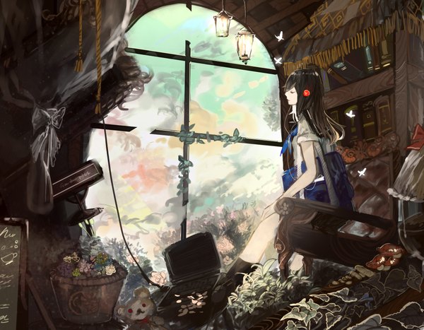 Anime picture 2247x1751 with original manbou no shigai single long hair fringe highres black hair smile red eyes sitting sky cloud (clouds) indoors eyes closed profile short sleeves glow hand on knee ruins destruction