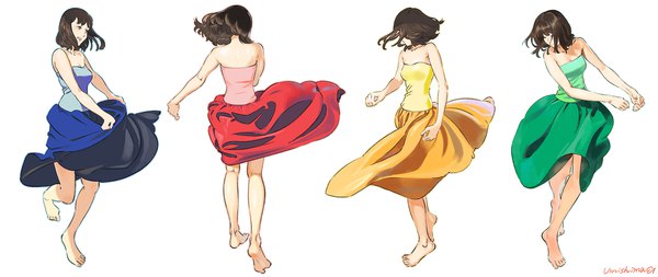 Anime picture 2240x948 with original kaisen highres short hair breasts simple background brown hair wide image white background bare shoulders brown eyes signed full body barefoot bare legs multiple persona dancing girl dress red dress