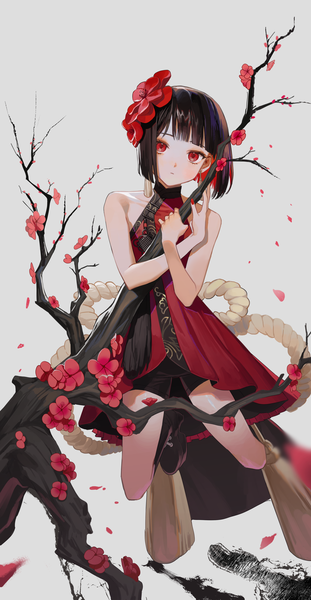 Anime picture 2498x4805 with forever 7th capital arashi (forever 7th capital) migumi single tall image looking at viewer fringe highres short hair black hair red eyes bare shoulders blunt bangs traditional clothes hair flower grey background chinese clothes expressionless otoko no ko boy
