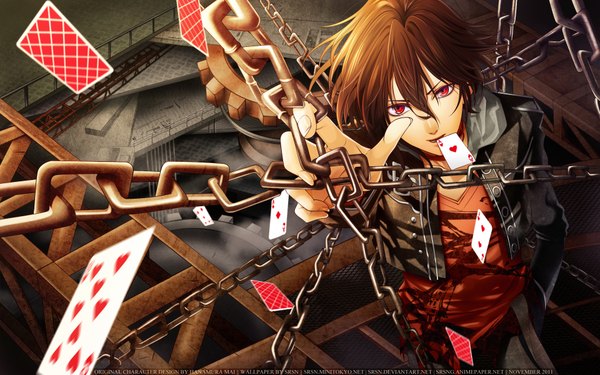 Anime picture 1920x1200 with amnesia idea factory shin (amnesia) hanamura mai srsn single looking at viewer highres short hair red eyes brown hair wide image wallpaper mouth hold vector hand in pocket boy jacket chain card (cards)