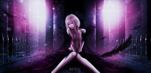 Anime picture 8331x4071 with guilty crown production i.g yuzuriha inori estery07 single long hair fringe highres light erotic hair between eyes wide image sitting twintails signed payot pink hair absurdres pink eyes realistic lipstick