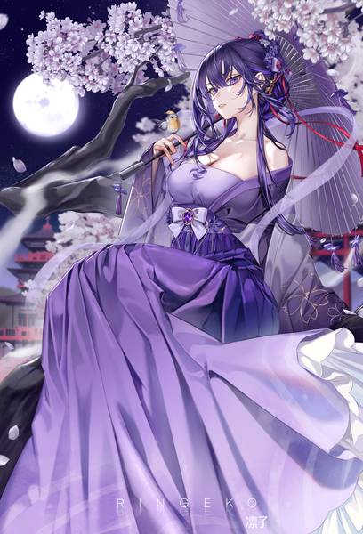 Anime picture 4759x7000 with genshin impact raiden shogun ringeko-chan single long hair tall image looking at viewer fringe highres breasts hair between eyes sitting purple eyes holding signed absurdres cleavage purple hair outdoors traditional clothes