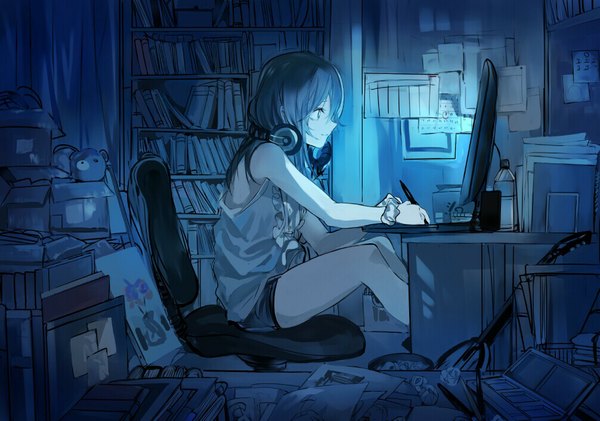 Anime picture 1006x706 with original ran (pixiv2957827) single long hair fringe smile sitting bare shoulders blue hair looking away bent knee (knees) profile bare legs blue background glow drawing girl shorts book (books) short shorts