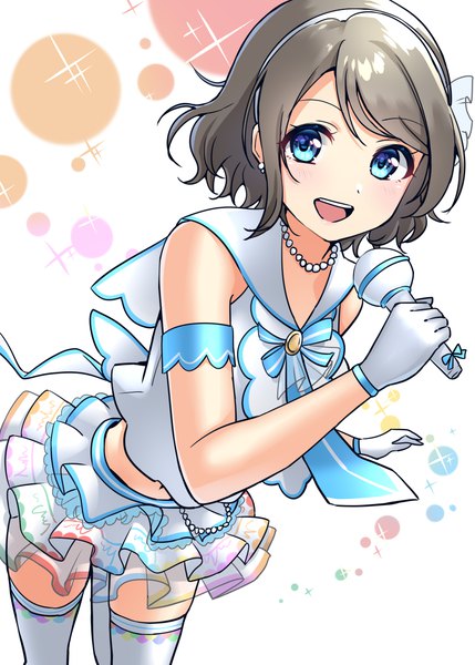 Anime-Bild 2591x3624 mit love live! sunshine!! sunrise (studio) love live! watanabe you takochan77 single tall image looking at viewer blush fringe highres short hair breasts open mouth blue eyes simple background smile standing white background holding