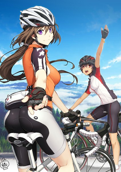 Anime picture 707x1000 with original simasima owl long hair tall image looking at viewer fringe short hair breasts open mouth smile red eyes brown hair purple eyes multiple girls holding sky cloud (clouds) bent knee (knees) ass looking back