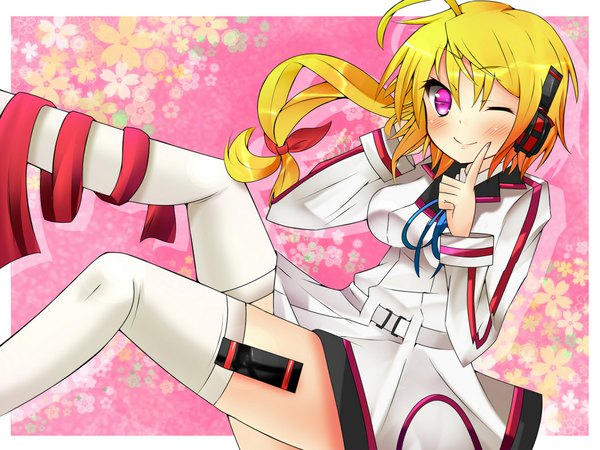 Anime picture 1920x1440 with infinite stratos 8bit charles dunois single long hair looking at viewer blush highres blonde hair smile ahoge one eye closed pink eyes wink finger to mouth girl thighhighs uniform school uniform white thighhighs