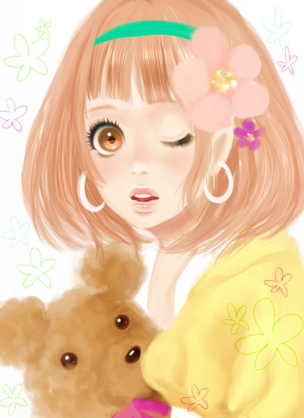 Anime picture 2550x3509 with original minami haruya tall image blush highres short hair open mouth blonde hair brown eyes one eye closed wink girl flower (flowers) earrings hairband toy stuffed animal teddy bear bear
