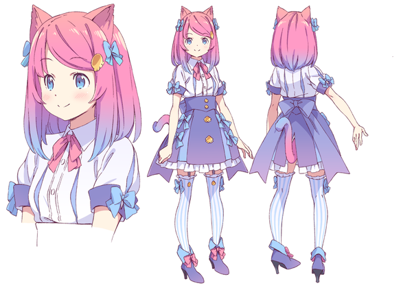 Anime picture 1158x818 with original kanzaki hiro blush short hair blue eyes simple background smile white background animal ears pink hair tail animal tail cat ears cat girl cat tail multiview girl thighhighs bow hair bow