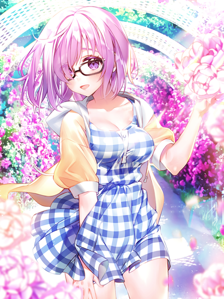Anime picture 600x800 with fate (series) fate/grand order mash kyrielight dajyu single tall image looking at viewer blush fringe short hair breasts open mouth smile standing purple eyes pink hair cleavage :d wind sunlight